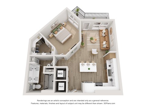 Floor plan for 1 bed, 1 bath, 767 sqft